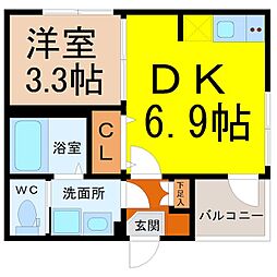 名古屋市営名城線 黒川駅 徒歩4分の賃貸アパート 3階1DKの間取り