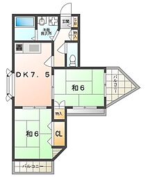 トライアングル 4階2DKの間取り