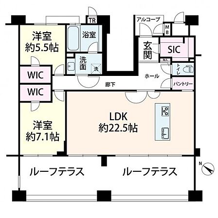 \間取り図/ アイランドキッチンを中心に広々空間のLDK(22.5畳)。収納場所も豊富でゆとりのある空間です。