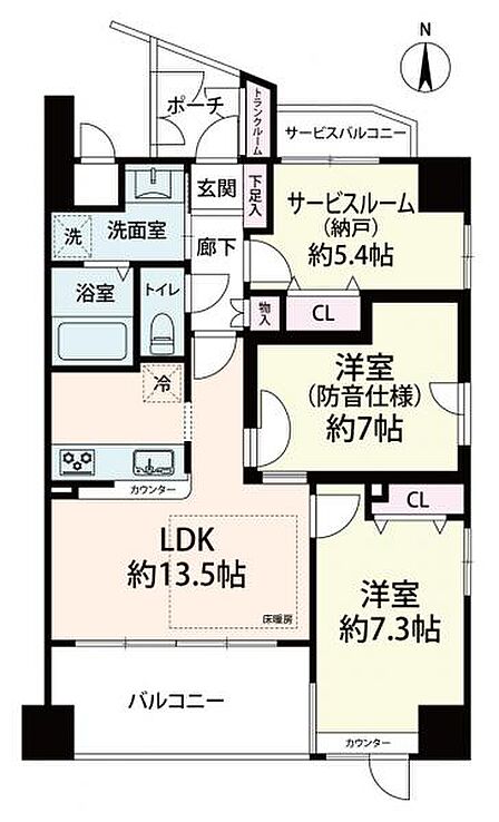 約69.46平米のゆとりある2SLDK。5.4帖の納戸や両面バルコニーを備え、開放感のある住戸です。
