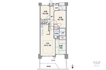 間取は専有面積75.39平米3LDK。広々としたテラスと専用庭が付いたプラン。テラス面積10.49平米、スロップシンクが設置されいます。LDKと和室が続き間で、襖の開閉で空間をフレキシブルに使用可能。