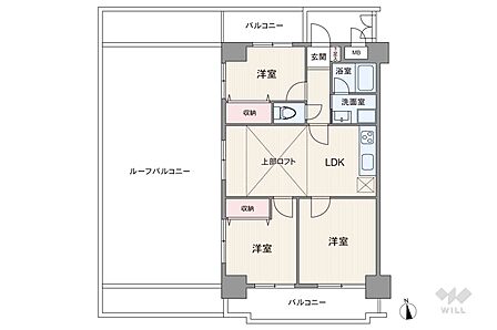 間取りは専有面積60.18平米の3LDK。55平米のルーフバルコニーと18平米のバルコニーが付いたプラン。全居室がバルコニーに面した開放感のある造りです。玄関前に門扉付きの専用ポーチが設けられた設計。