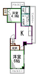 京王井の頭線 高井戸駅 徒歩8分の賃貸マンション 5階2Kの間取り