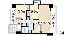 茶屋ヶ坂ライズ 8階2LDKの間取り