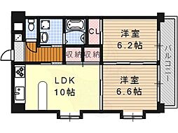 名古屋市営鶴舞線 いりなか駅 徒歩7分の賃貸マンション 2階2LDKの間取り
