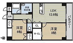 名古屋市営鶴舞線 鶴舞駅 徒歩10分の賃貸マンション 6階2LDKの間取り