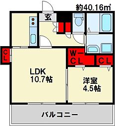 フェリシエ三萩野 1LDKの間取図画像