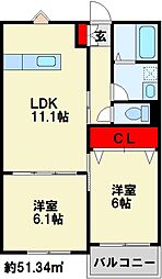 フルーリジェール緑ヶ丘 2LDKの間取図画像