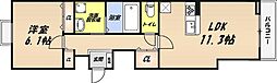 ユニゾン安満 A棟 1LDKの間取図画像