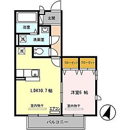 オークガーデンＭ 2階1LDKの間取り