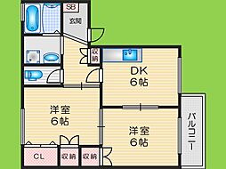 ジュネスハイムB棟 2DKの間取図画像
