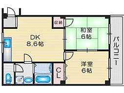 シャトーかわもと 2DKの間取図画像