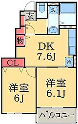 ヴァンベールB 2DKの間取図画像