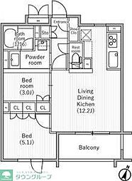 小田急小田原線 千歳船橋駅 徒歩8分の賃貸マンション 1階2LDKの間取り