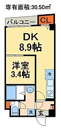 グラントレス松戸 7階1DKの間取り
