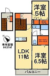 東武野田線 初石駅 徒歩9分の賃貸アパート 2階2LDKの間取り