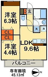 東武野田線 新鎌ケ谷駅 徒歩5分の賃貸マンション 5階2LDKの間取り