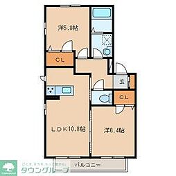 フェリス幸田　Ａ 2階2LDKの間取り