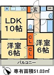 オークレア 2LDKの間取図画像