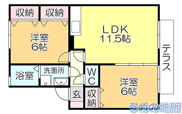 ボナールフラッツ 102｜福岡県久留米市長門石３丁目(賃貸アパート2LDK・1階・53.59㎡)の写真 その2