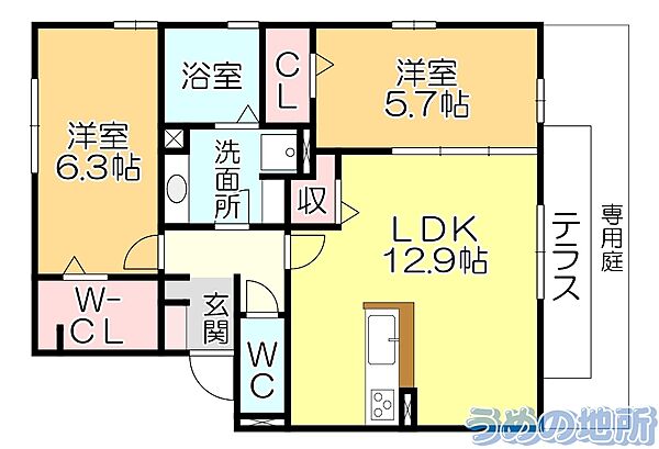 ルタンリッシュ 101｜福岡県久留米市高良内町(賃貸アパート2LDK・1階・62.10㎡)の写真 その2