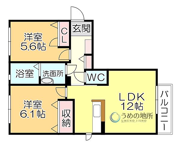 シャーメゾン新合川 103｜福岡県久留米市新合川１丁目(賃貸アパート2LDK・1階・54.76㎡)の写真 その2