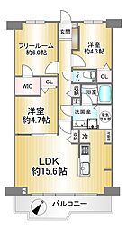 八尾志紀スカイハイツ 2SLDKの間取図画像