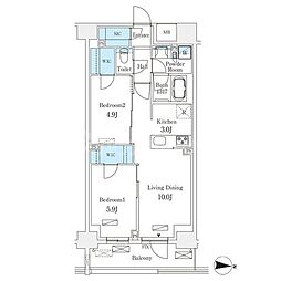 東京メトロ半蔵門線 押上駅 徒歩10分の賃貸マンション 6階2LDKの間取り