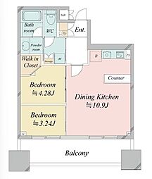 都営新宿線 市ヶ谷駅 徒歩2分の賃貸マンション 11階2LDKの間取り