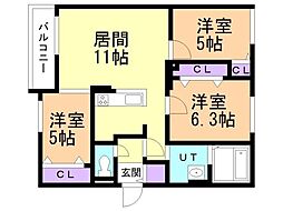 ガーデンストーンＡ1−2 3階3LDKの間取り