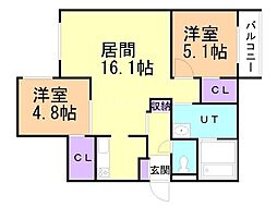 札幌市営東西線 ひばりが丘駅 徒歩7分の賃貸マンション 3階2LDKの間取り