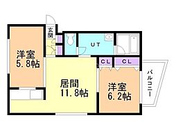 サムティ学園前 4階2LDKの間取り
