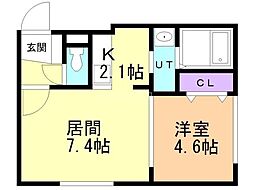 ルリ美園 2階1LDKの間取り