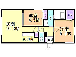 クレスト中の島 2LDKの間取図画像
