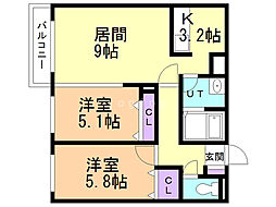 Ｌｕｍｏｓ野幌 3階2LDKの間取り