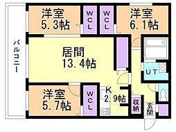 エルナード江別駅前 3LDKの間取図画像