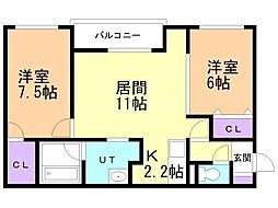 江別市上江別アパート 2LDKの間取図画像