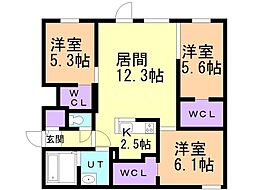 札幌市営東西線 円山公園駅 徒歩10分の賃貸マンション 3階3LDKの間取り