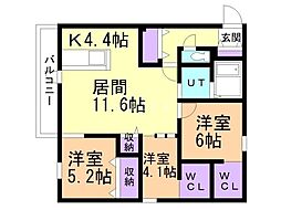 札幌市営東西線 西18丁目駅 徒歩11分の賃貸マンション 3階3LDKの間取り