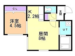 JR函館本線 苗穂駅 徒歩5分の賃貸マンション 2階1LDKの間取り