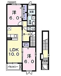 カーサベルデこくや 2階2LDKの間取り