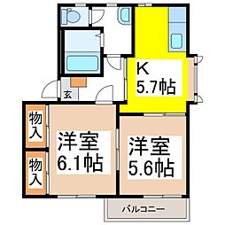 エーデルワイスB 2階2Kの間取り