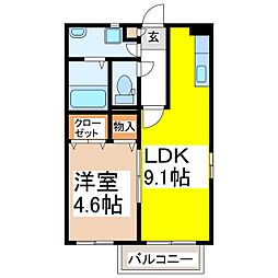 プリエI 2階1LDKの間取り