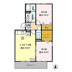 ロイヤルガーデン稲里C 1階2LDKの間取り