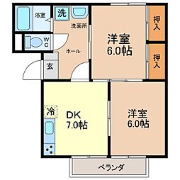 ベルビュー小原 2階2DKの間取り