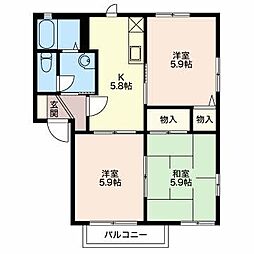 ブルーヒルA 2階3Kの間取り