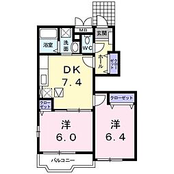 アーバンコートB 1階2DKの間取り