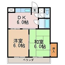 ロイヤルコーポ松本1号棟 2階2DKの間取り