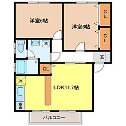 レザン桔梗B 2LDKの間取図画像