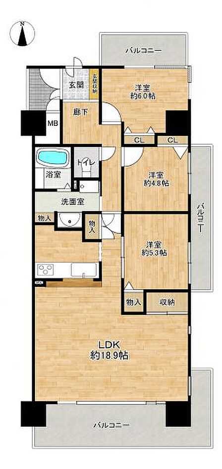全室がバルコニーに面した贅沢な間取りです!また収納充実で生活空間を広々お使いいただけます♪